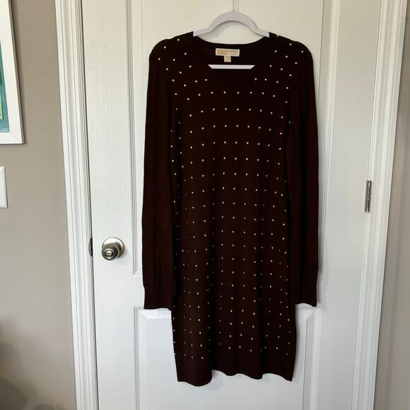 Michael Kors Wms XL Brown LS Lightweight Midi Sweater Dress Gold Studded - Picture 8 of 10